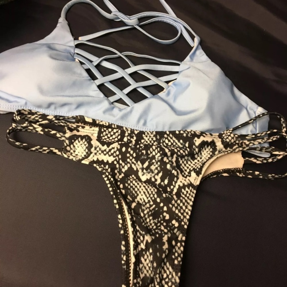 Light blue top thong bottom bikini